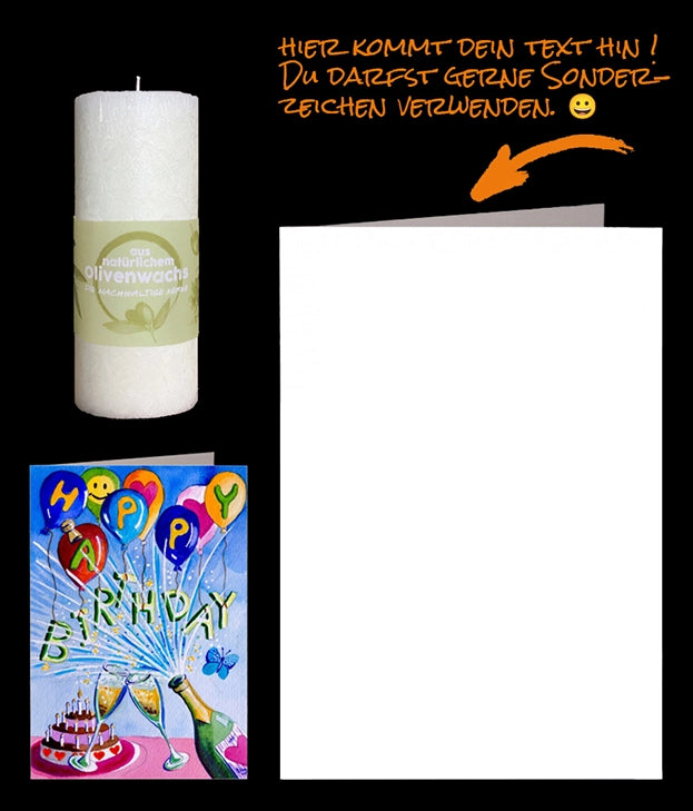 Partybild "Happy Birthday" auf einer persönlichen Grusskarte. Geliefert zusammen mit einer nachhaltigen Kerze aus Olivenwachs.
