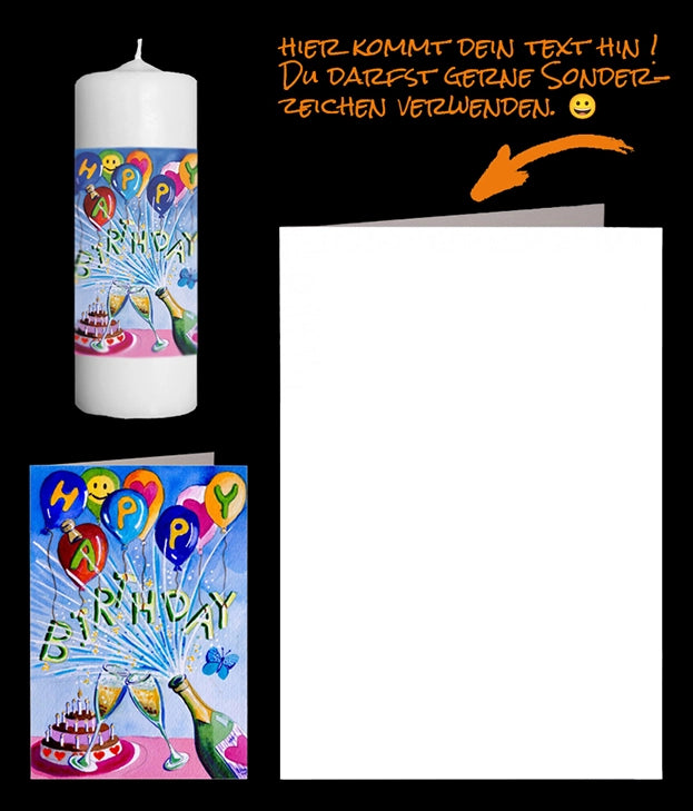 Persönliche Geburtstagskarte Party Happy Birthday. Die Kerze ist ebenfalls mit dem Bild bedruckt