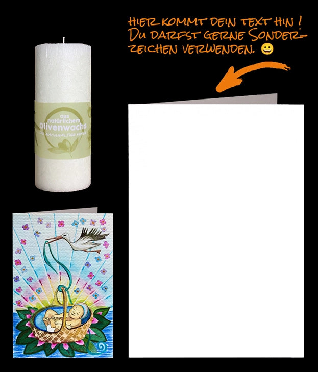 persönliche Grusskarte "Wünsche zur Geburt" mit Aquarell Storch bringt ein Baby im Korb für die Geburt. Eine nachhaltige Kerze (Olivenwachskerze) ist auch abgebildet.