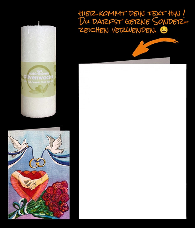 Gratuliere zur Hochzeit mit einer persönliche Grusskarte gemalt als Aquarell Hochzeit zwei Tauben bringen die Ringe, zwei Hände im Doppelherz und einem Blumenstrauss Rosen. Versendet wird die persönliche Grusskarte mit einer nachhaltigen Kerze aus Olivenwachs.