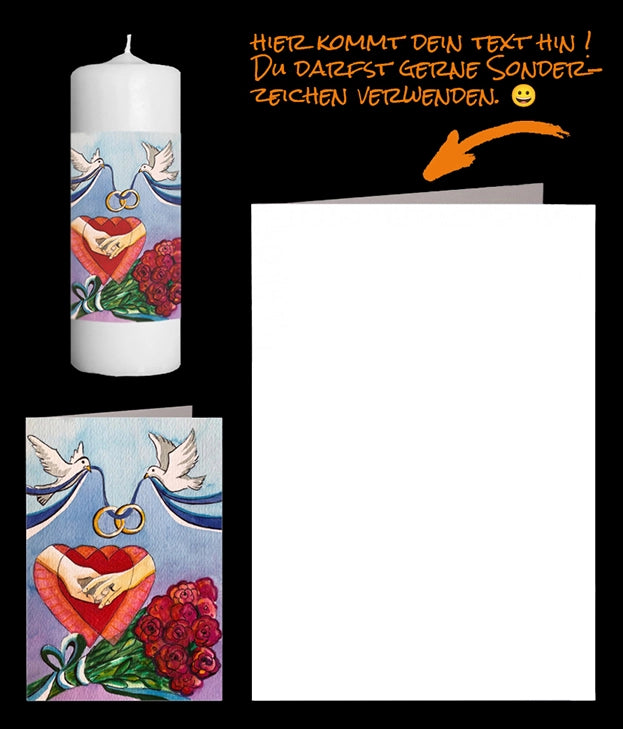 Aquarell Hochzeit mit Tauben, die Ringe bringen. Doppelherz und einem Blumenstrauss Rosen auf der Kerze und der persönlichen Grusskarte. Eine kleine Hochzeitskerze als Geschenk