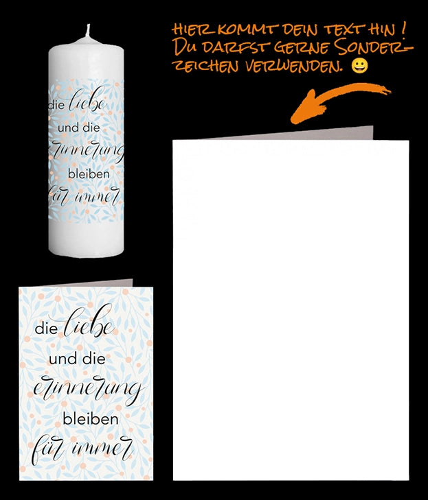 Trauerkarte mit Bilderkerze, Trauer verarbeiten, feiner Hintergrund mit hellblauen orangen Olivenzweigen Text die liebe und die Erinnerung bleiben für immer