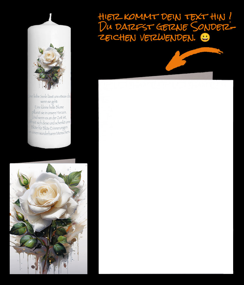 Weisse Rose mit Trauerspruch auf Fotokerze