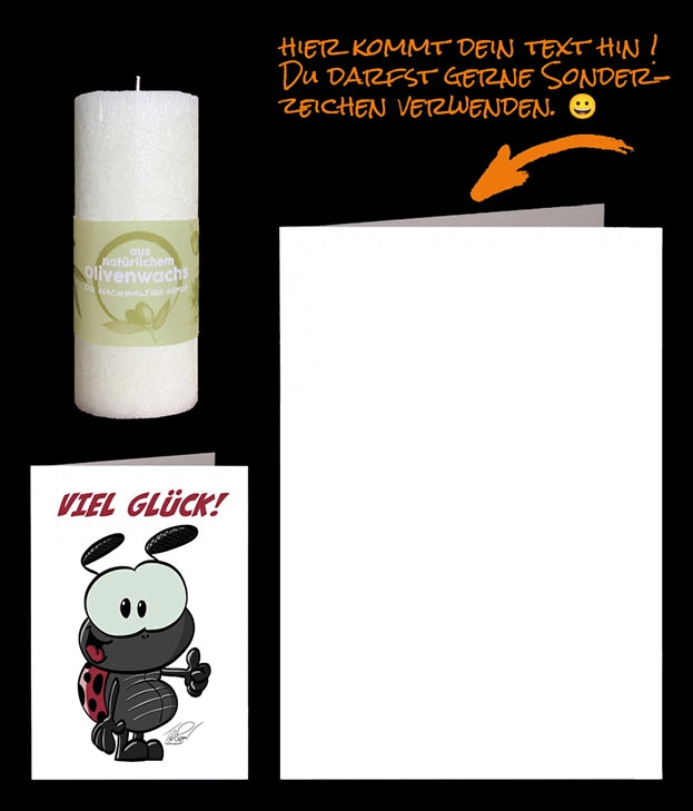 Persönliche Grusskarte mit einer Karikatur grosser Glückskäfer mit Daumen hoch und Text Viel Glück und eine nachhaltige Kerze aus Olivenwachs.