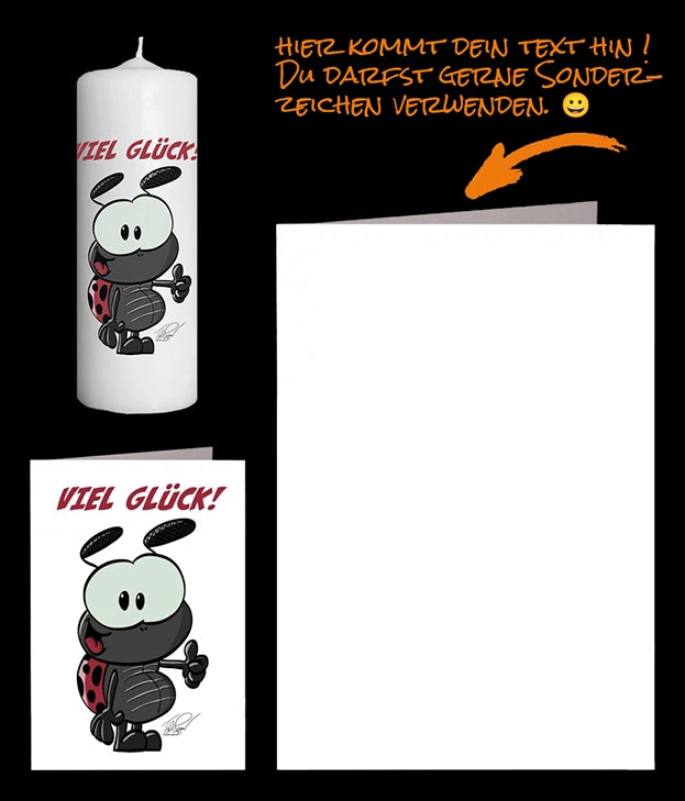 Grosser lustiger Käfer mit Daumen hoch und dem Text Viel Glück auf der persönlichen Grusskarte und einer Fotokerze.
