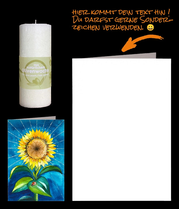 Ein Set bestehend aus einer Sonnenblumen Karte und einer nachhaltigen Olivenkerze