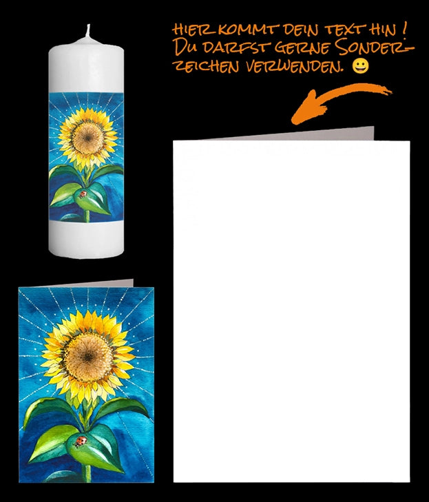 Persönliche Grusskarte und Kerze mit Sonnenblume und Glückskäfer als Aquarell gemalt.