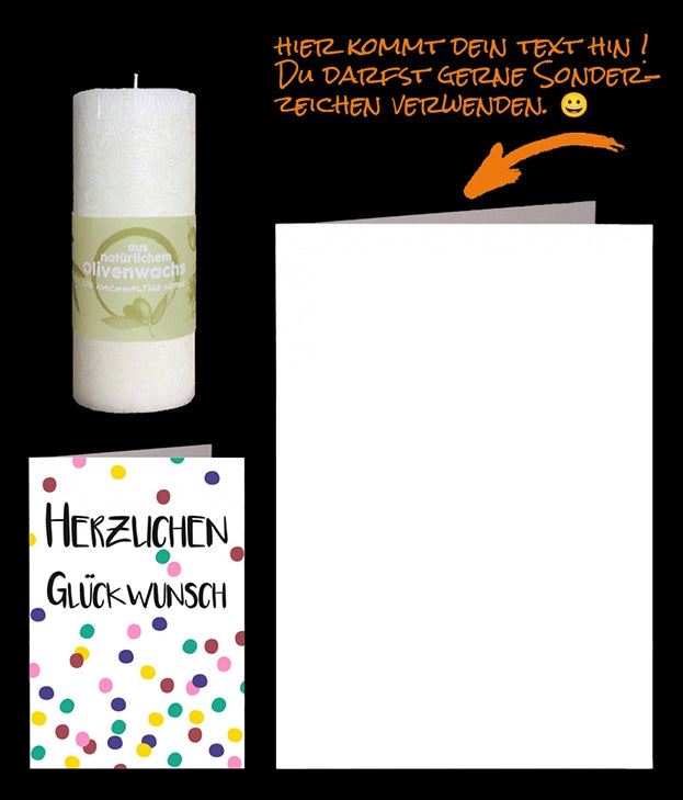 Herzlichen Glückwunsch mit Konfetti auf einer persönlichen Grusskarte und einer nachhaltigen Kerze (Olivenwachs)