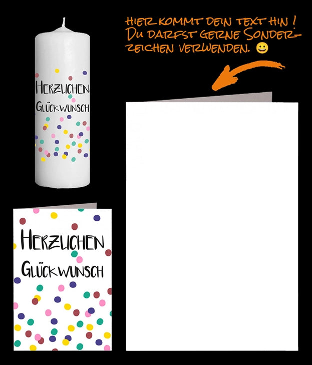 Text: "Herzlichen Glückwunsch" auf einer Fotokerze und persönlicher Grusskarte mit Konfetti. Gratulieren war noch nie so einfach.