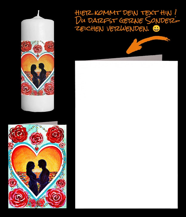 Aquarell Paar im romantischen Sonnenuntergang in Herzform umgeben von roten Rosen auf persönlicher Grusskarte und weisser Kerze. Jdeal für ein Liebesbrief