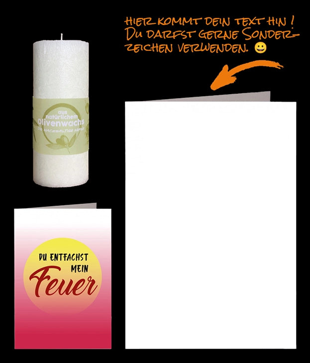 Nachhaltige Olivenkerze mit persönliche Grusskarte Hintergrund unten rot ansteigend ins weisse grosser gelber Punkt in der Mitte mit Text Du entfachst mein Feuer