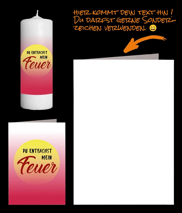 Liebeskarte mit Kerze Hintergrund unten rot ansteigend ins weisse grosser gelber Punkt in der Mitte mit Text Du entfachst mein Feuer. Eine einzigartige Liebesbox