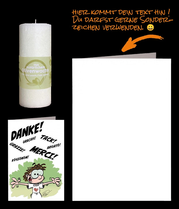 Olivenwachskerze mit Grusskarte Karikatur freudige Person mit ausgestreckten Händen Text Danke in verschiedenen Sprachen