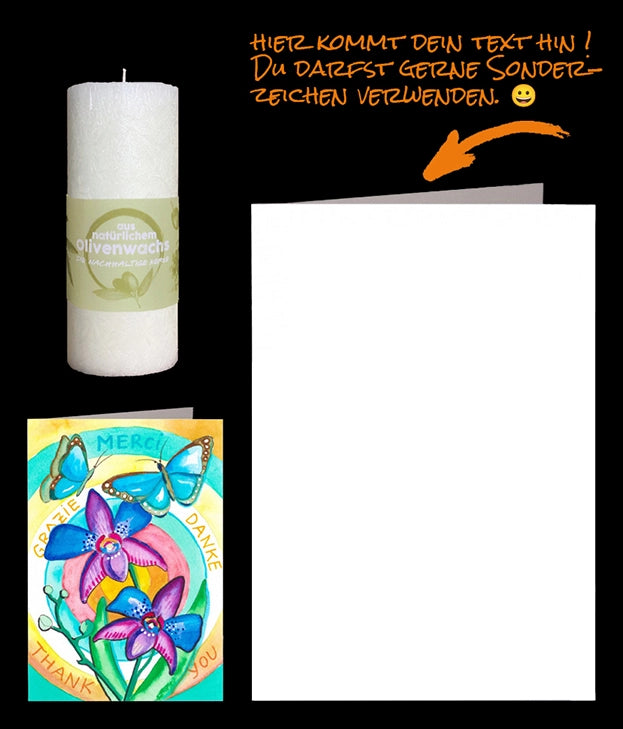 Fotokerze mit Grusskarte Aquarell zwei Orchideen mit Schmetterlingen Text Danke in vier Sprachen