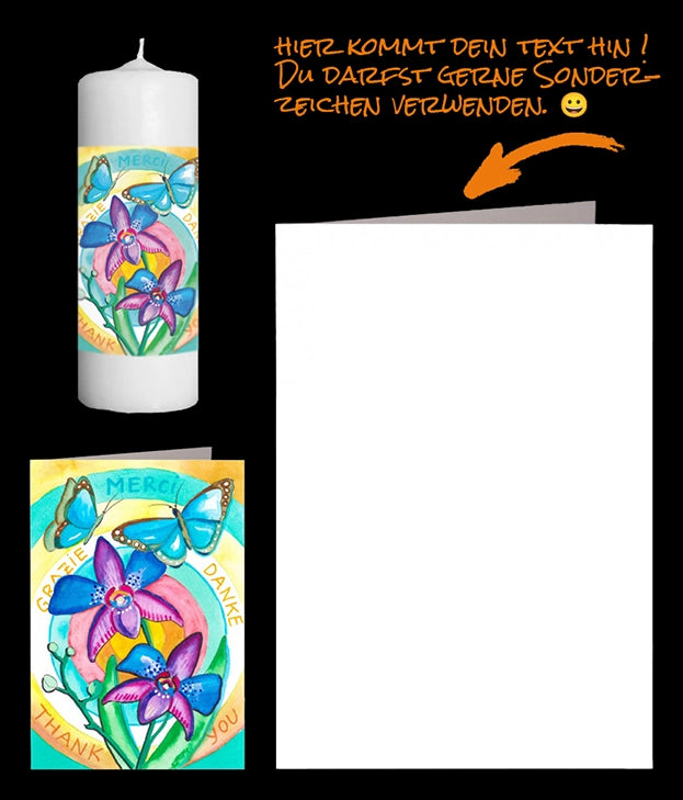 Fotokerze mit Grusskarte Aquarell zwei Orchideen mit Schmetterlingen Text Danke in vier Sprachen