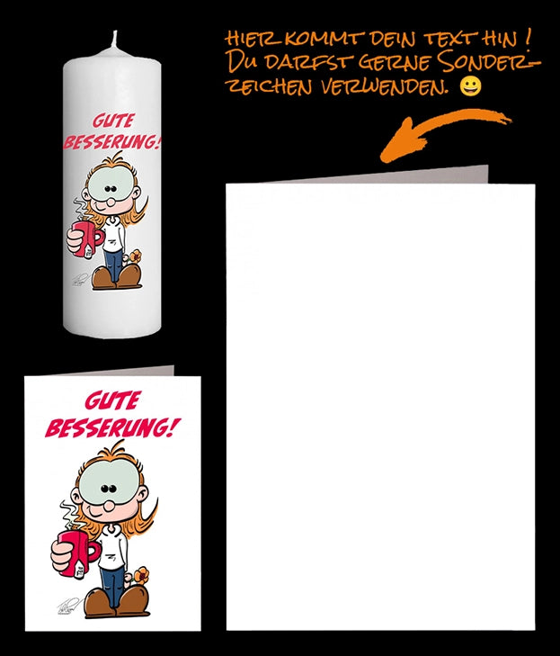 Karikatur Mann mit Teetasse und oben der Text Gute Besserung auf einer Fotokerze und persönlicher Grusskarte.