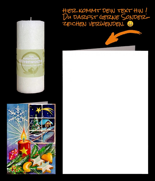 Weihnachtskarte bedruckt mit einer Kerze, Zimtsternen und Tannast. Dazu erhalten Sie noch eine Olivenkerze