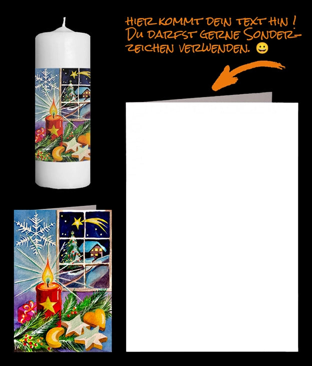 Aquarell Weihnachten brennende Adventskerze Weihnachtsfenster, Weihnachtsebäck und Schneestern auf einer persönlichen Grusskarte und Weihnachtskerze