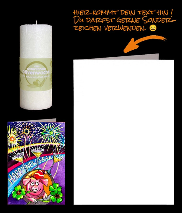 Geschenkset bestehend aus einer farbigen Happy New Year Karte und einer Olivenkerze