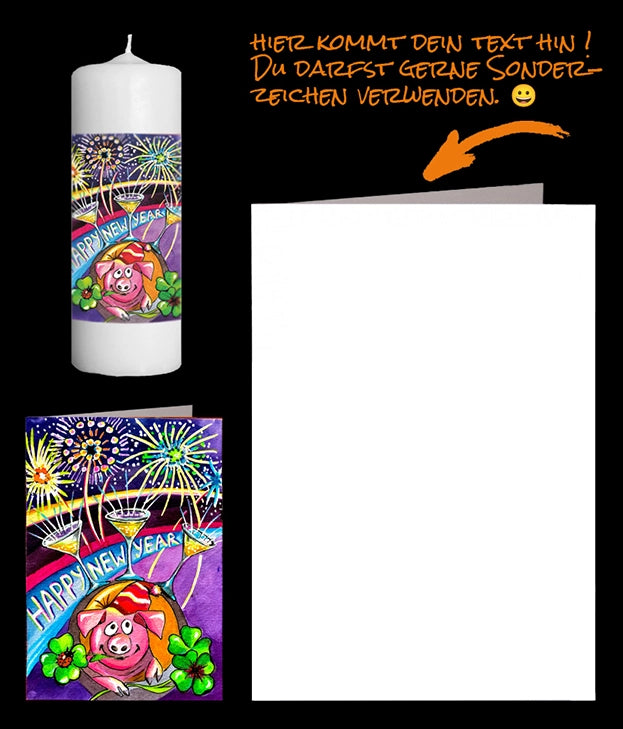 Aquarell Happy New Year mit Feuerwerk, Glücksschwein und Sektgläsern auf einer Kerze und persönlicher Grusskarte