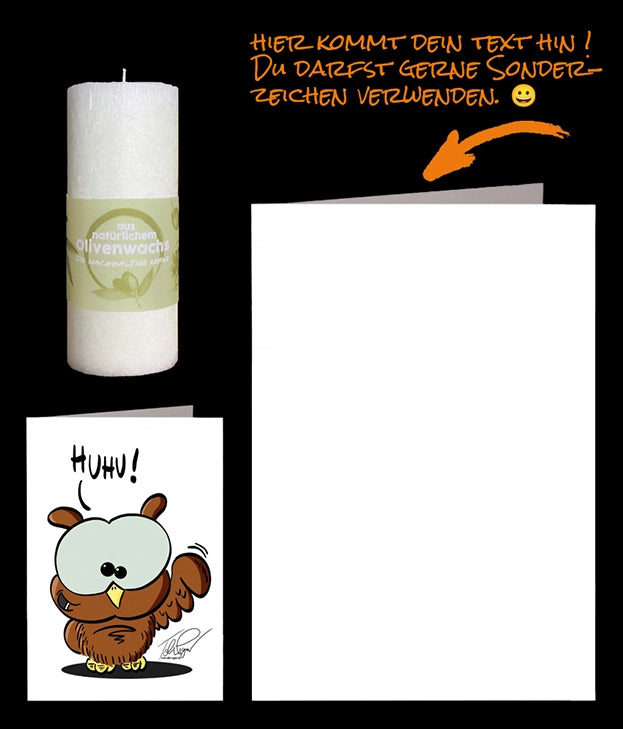 Nachhaltige Olivenwachskerze mit einer HUHU Karte die beschrieben werden kann