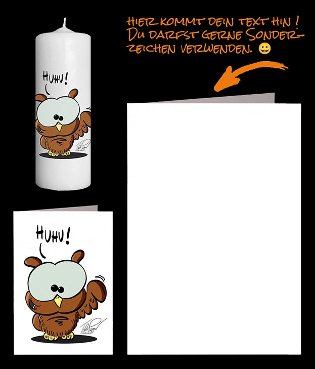 Karikatur mit Eule und grossen Augen, sie sagt "Huhu" auf weisser Bilderkerze und persönlicher Grusskarte