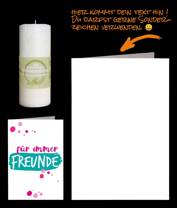 Persönliche Grusskarte mit Text für immer Freunde in blau-grün ud altrosa und einer nachhaltigen Kerze (Olivenwachskerze).