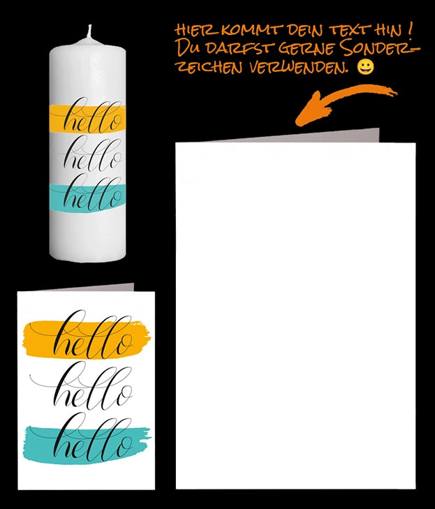 Sende ein "Hello". 3 mal Hallo untereinander auf einer persönlichen Grusskarte und Bilderkerze.