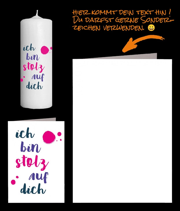 Fotokerze mit persönlicher Grusskarte und Text "ich bin stolz auf dich" in magenta, lila und Blautönen