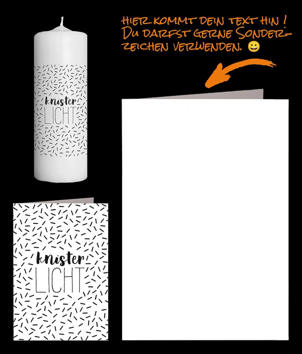 schwarz-weiss Bild mit kleinen schwarzen Strichen in der Mitte Text "knisterLICHT" auf einer persönlichen Grusskarte und Stumpenkerze.