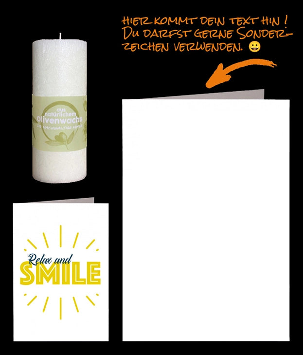 Relax und Smile bedruckte Karte mit einer nachhaltigen Olivenkerze