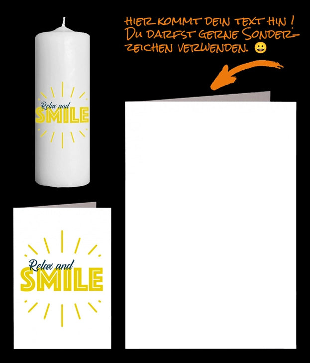 Relax und Smile in schwarz-gelb mit Sonnenstrahlen auf der Kerze und persönlicher Grusskarte.