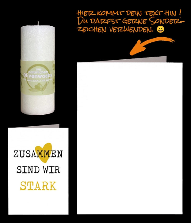 Ein Set bestehend aus einer Olivenkerze und einerKarte mit dem Aufdruck Zusammen sind wir stark