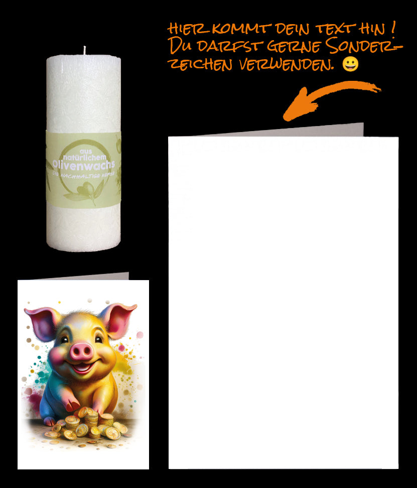 Glücksschwein mit Olivenkerze und Karte zum Geburtstag