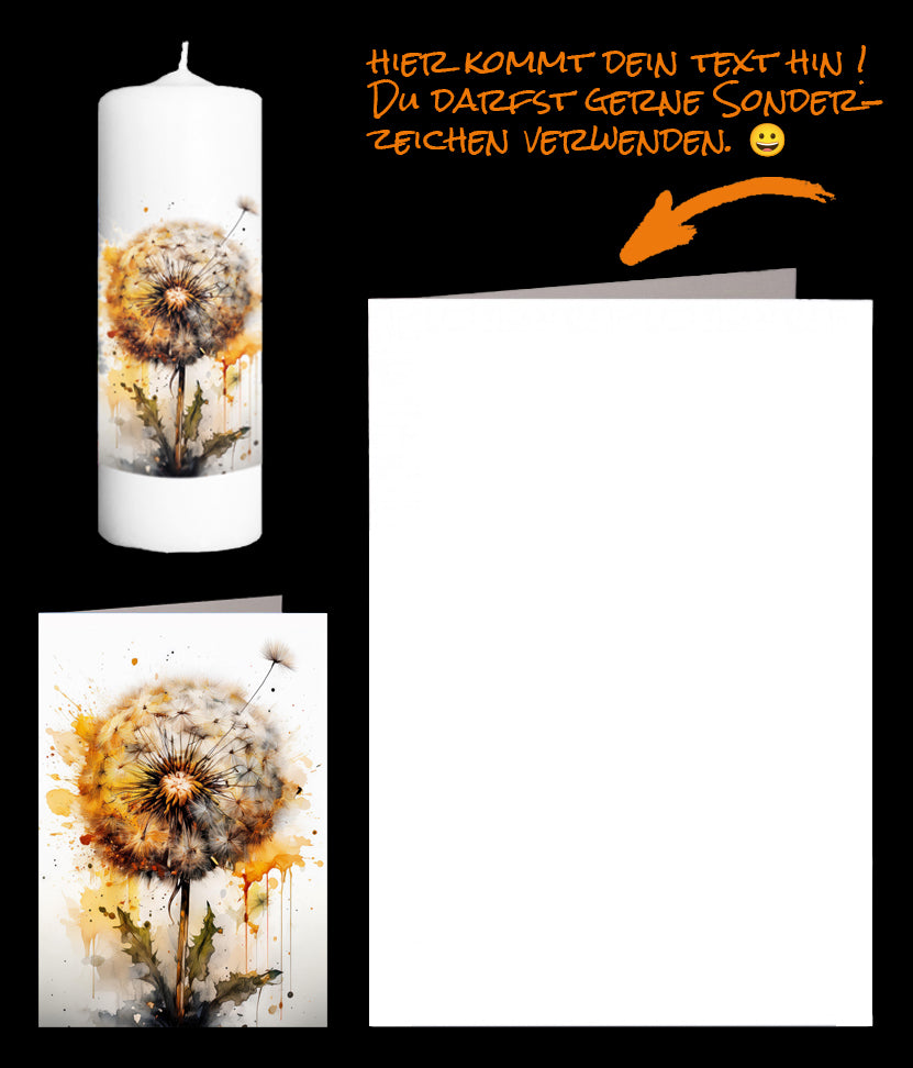 Gedenkzeit mit Trauerkerze und Karte Pusteblume