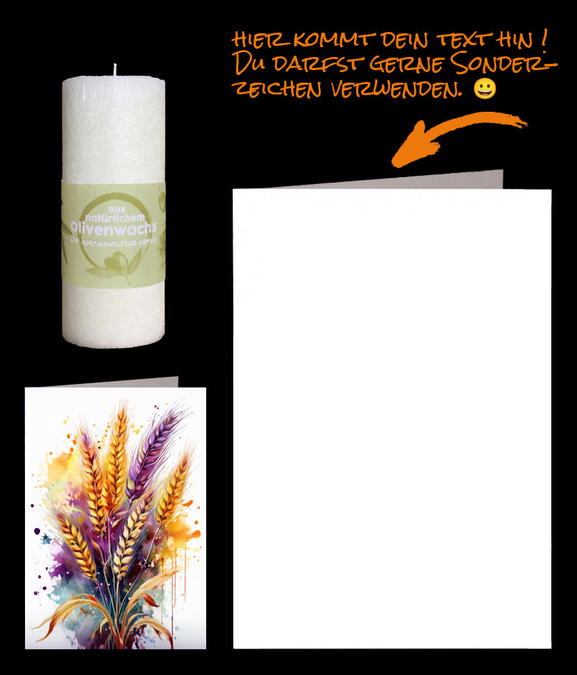 Trauerkarte mit Aehrenstrauss und Olivenkerze