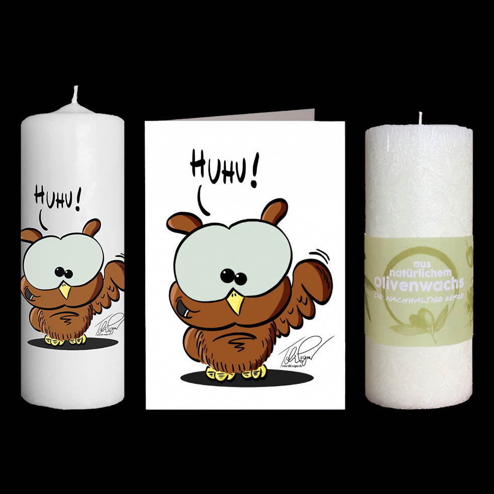 Das HUHU Kerzen Kartenset bestehend aus einer Karte bedruckt mit einem UHU der HUHU sagt. Ebenfalls ist die Kerze mit dem gleichen Motiv bedruckt
