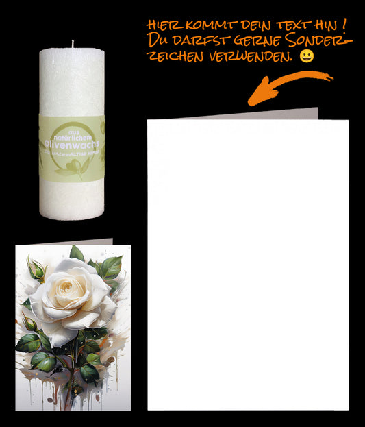 Olivenkerze mit Trauerkarte "Weisse Rose" versenden