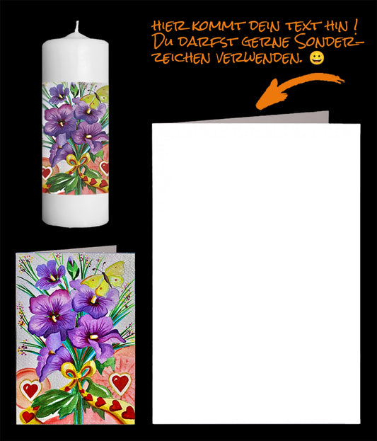 persönliche Grusskarte und einer Bilderkerze. Das Bild ist ein violetter Veilchen Blumenstrauss zusammen gebunden mit einer gelben Band mit roten Herzen.