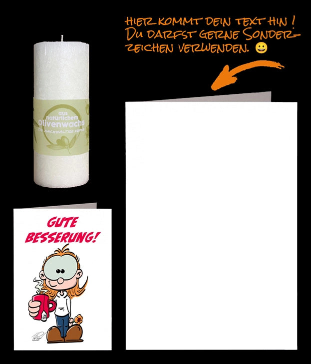 Geschenkset bestehend aus einer Olivenkerze und einer Karte "Gute Besserung"